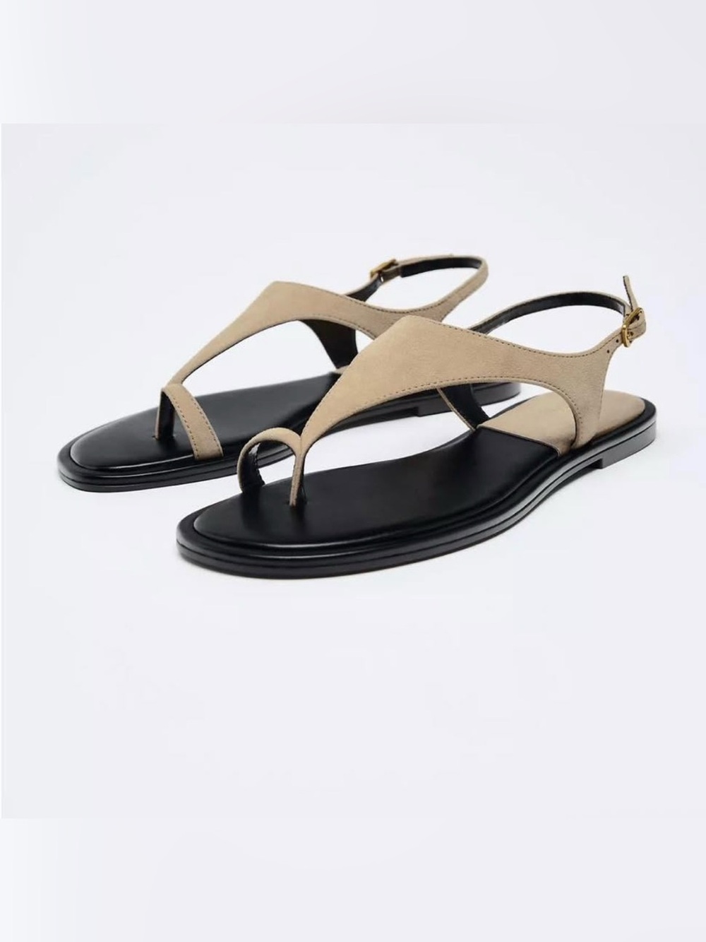 Zara Beige Suede Thong Sandals with Black Footbed size 7 us or 37 Eu